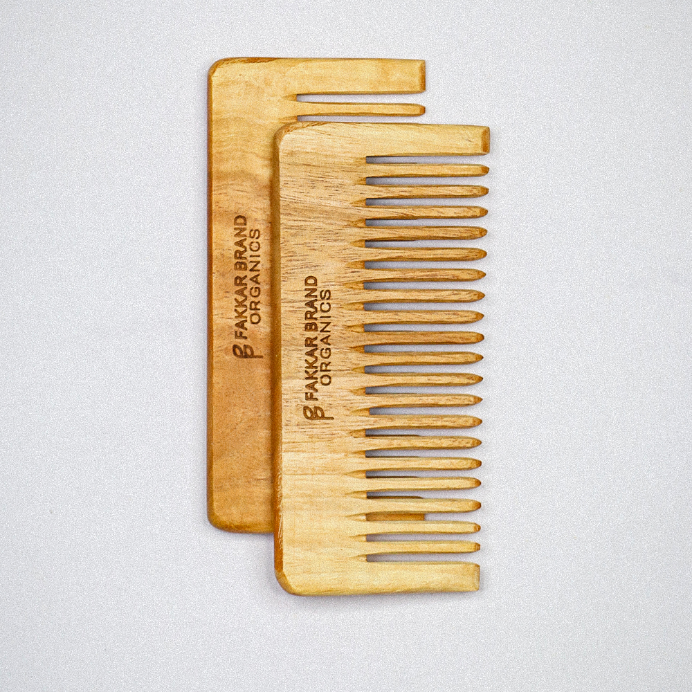 small neem wood shampoo comb – compact wide tooth comb | fakkar brand organics