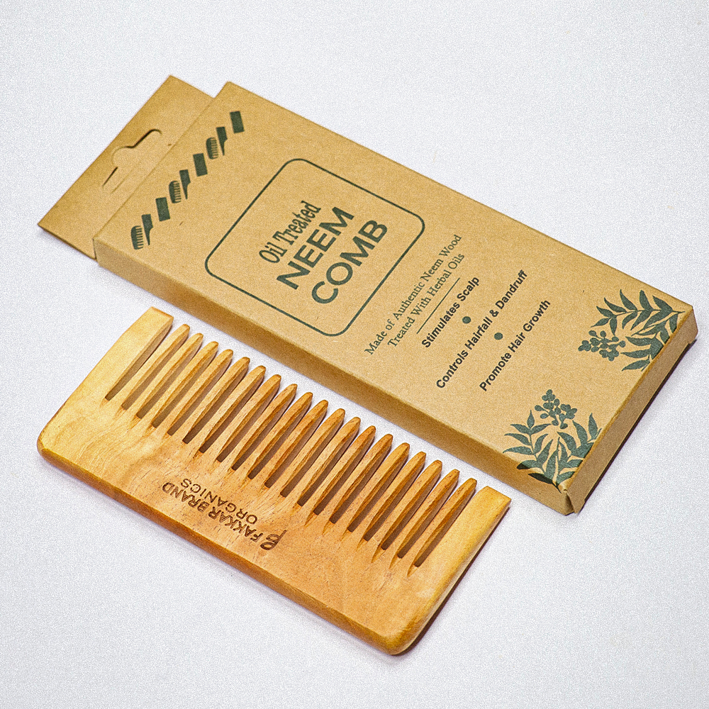small neem wood shampoo comb – compact wide tooth comb | fakkar brand organics