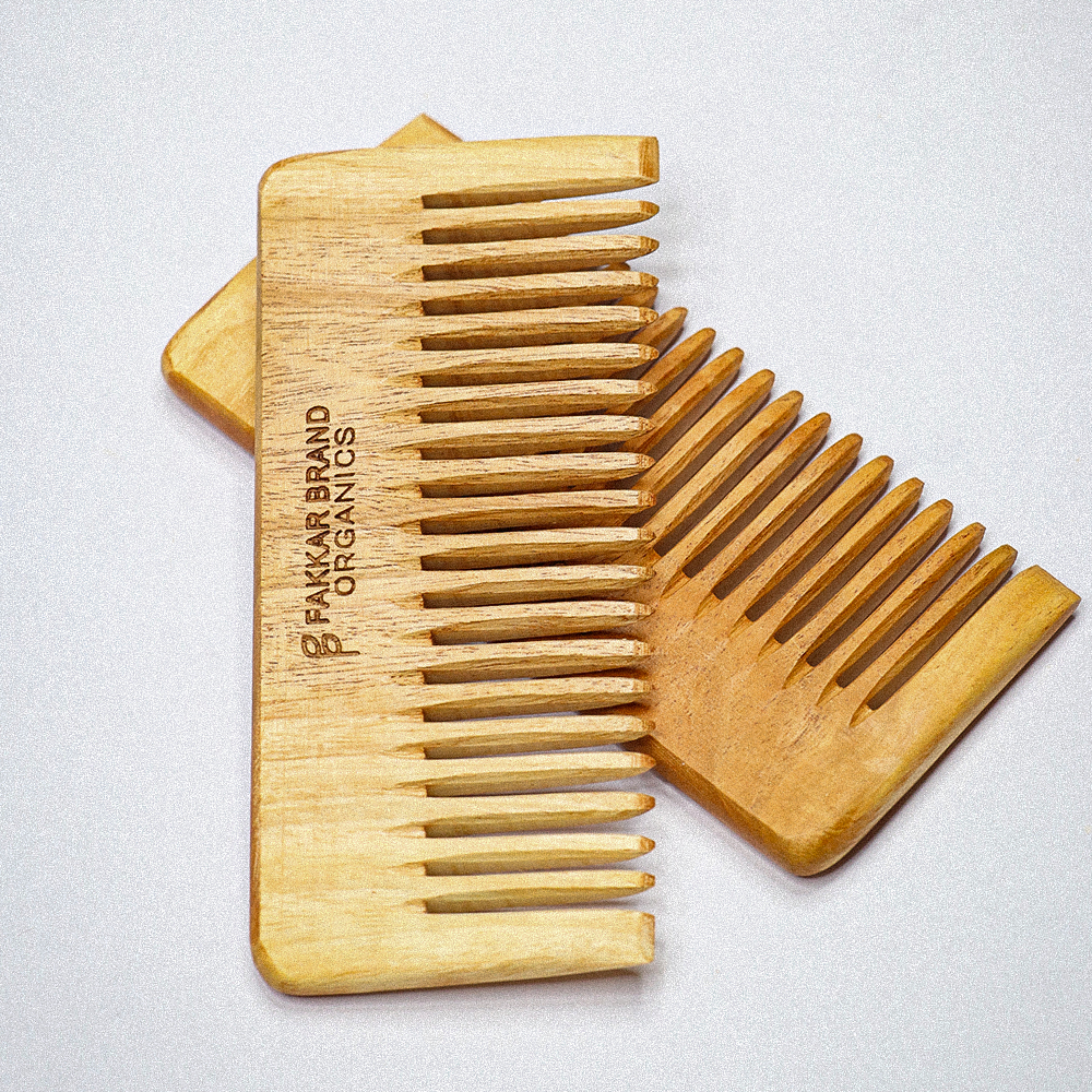 small neem wood shampoo comb – compact wide tooth comb | fakkar brand organics