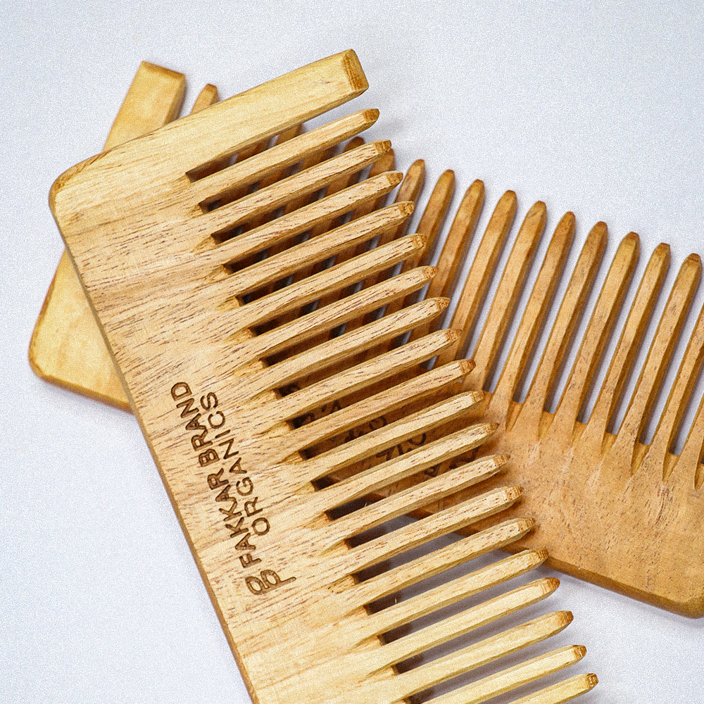 small neem wood shampoo comb – compact wide tooth comb | fakkar brand organics